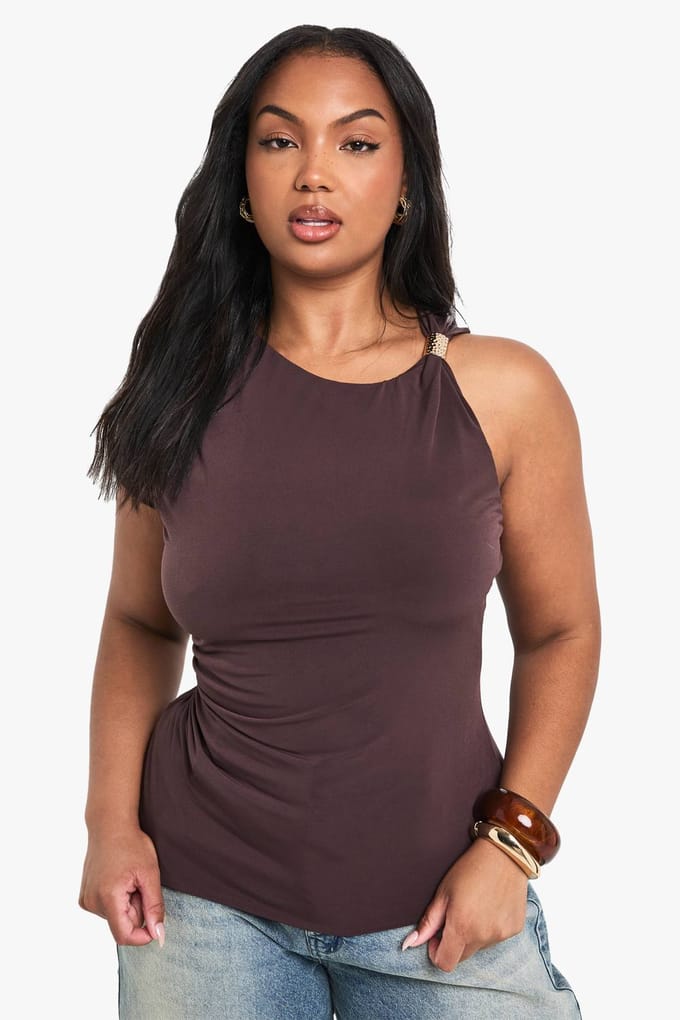 boohoo Dames PLUS TOP MET GOUDE AFWERKING DETAIL | Chocoladebruin | Maat: 54