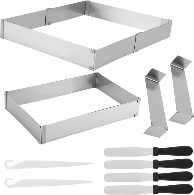 Verstelbare Bakringen Set van 2, RVS, Rectangular, 27.5 x 18.5 tot 52.5 x 34 cm, Inclusief Z Divider en Deegschraper, Perfect voor Taart en Gebak