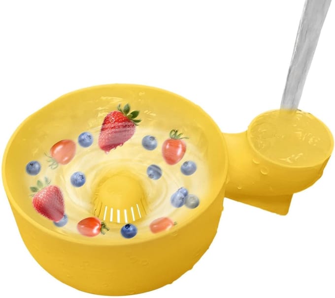 Fruit Reiniger - Bessenkom Spinner - Groenten Fruit Wassen - 4-in-1 Multifunctioneel - 21 x 14.5 x 8.5 cm - Geel