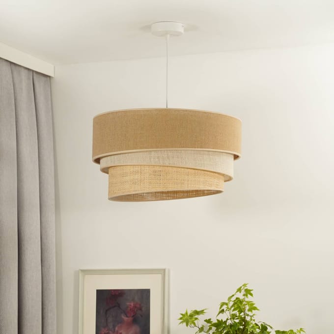 Euluna hanglamp Trio jute, naturelbruin/wit/raffia, Ø 45 cm