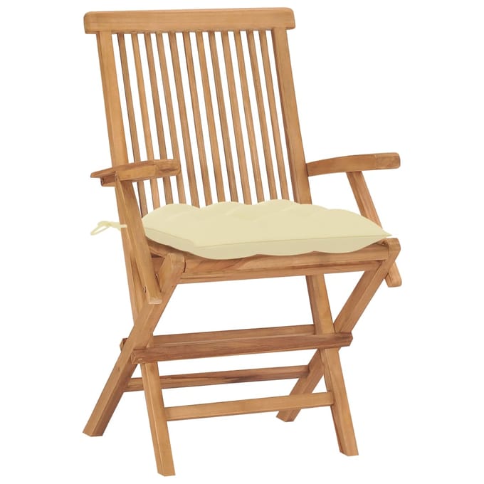 vidaXL - Inklapbare - stoelen - 2 - st - met - crèmewitte - kussens - massief - teakhout