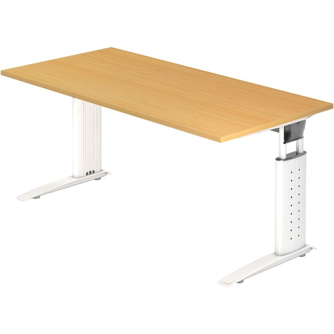 Bureautafel TARVIS, C-poot, vierkant, B 1600 mm, onderstel wit, in hoogte verstelbaar, beukenpatroon