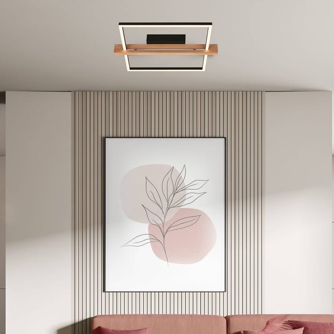 Briloner LED plafondlamp Moldura, 43 x 35 cm, hout, metaal, zwart