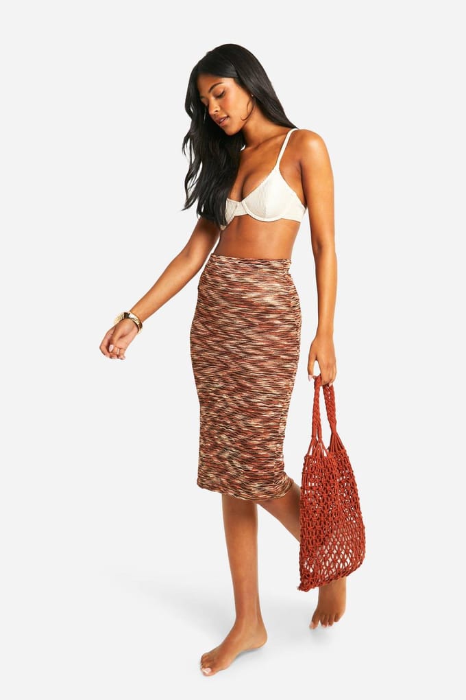 boohoo Dames Lange Multi Gebreide Beach Midaxi Rok | Bruin | Maat: 36