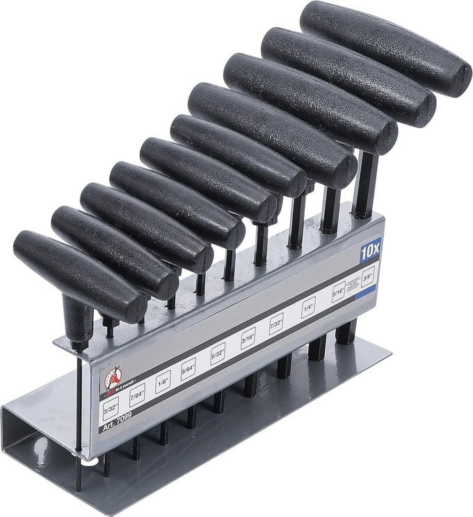 Schroevendraaierset met T-greep, 10-delig, inch bits 3/32" - 3/8", CrV staal, DIN 5264