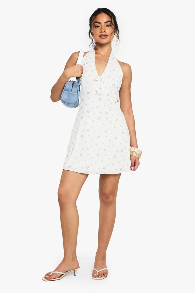 boohoo Dames Ditsy Bloemenkant Halter Mini Jurk | White | Maat: 18