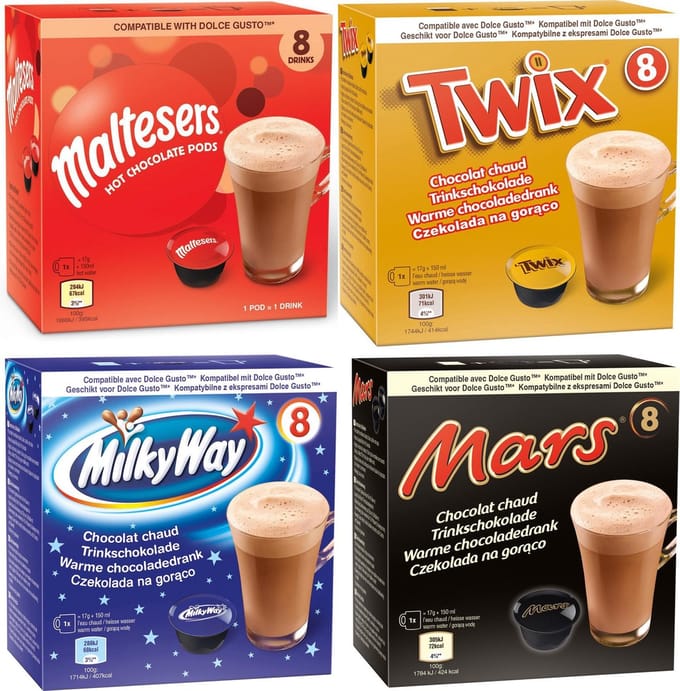 Proefpakket Mars Twix Milky Way Maltesers Warme Chocolade Dolce Gusto 4x8 stuks