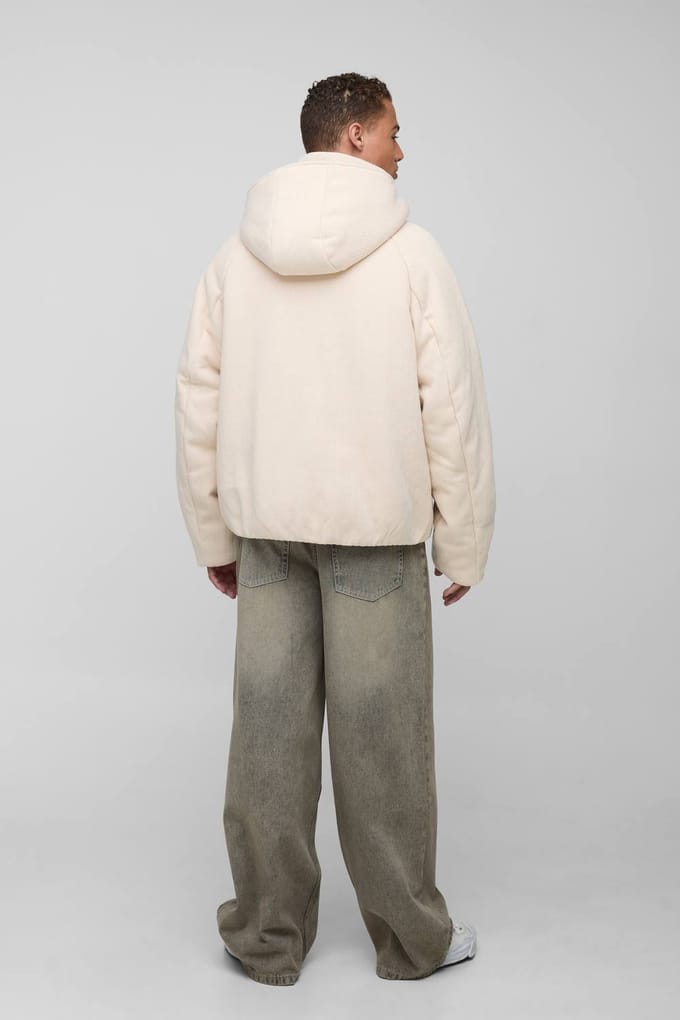 Hoge Gebreide Capuchon Oversized Boxy Puffer Jas | Ecru | Size Medium