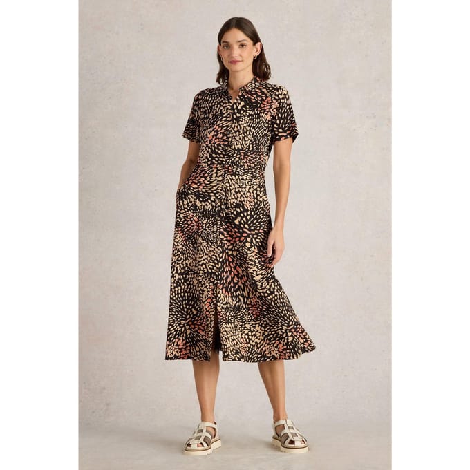 White Stuff Rua Jersey Shirt Dress Black Print Maat: 24 REGULAR | Midi Jurken Outlet | Dames | Zwart