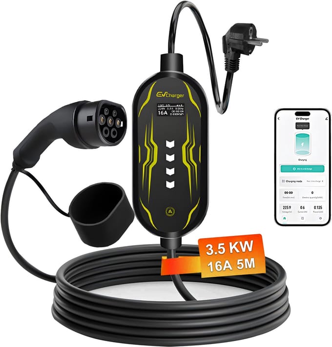 Hexinex Mobiele Thuislader - Type 2 met App 3,5kW - Schuko Plug - 16A 1 Fase - 5 Meter Kabel - EV-oplader met LCD Display
