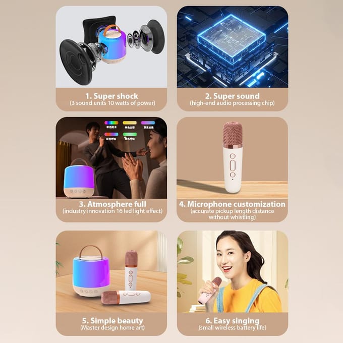 Karaoke Machine Mini Draadloze Microfoon en Luidspreker Set met 2 Microfoons Home KTV Set LED Kleur wit