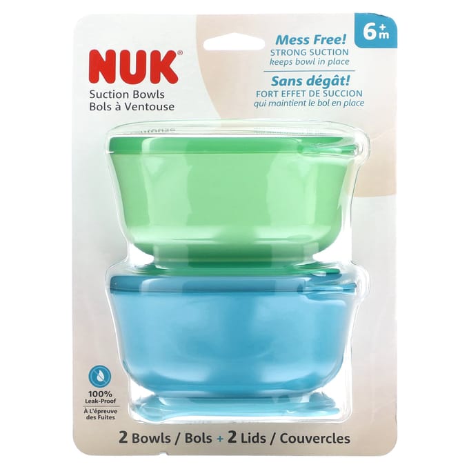 NUK, bol à ventouse, 6 mois et plus, bleu et vert, 2 bols + 2 couvercles beige