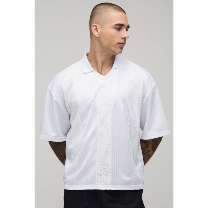 Oversized Boxy Gestreepte Top Met Kanten Paneel In Voetbalstijl | White | Size Small