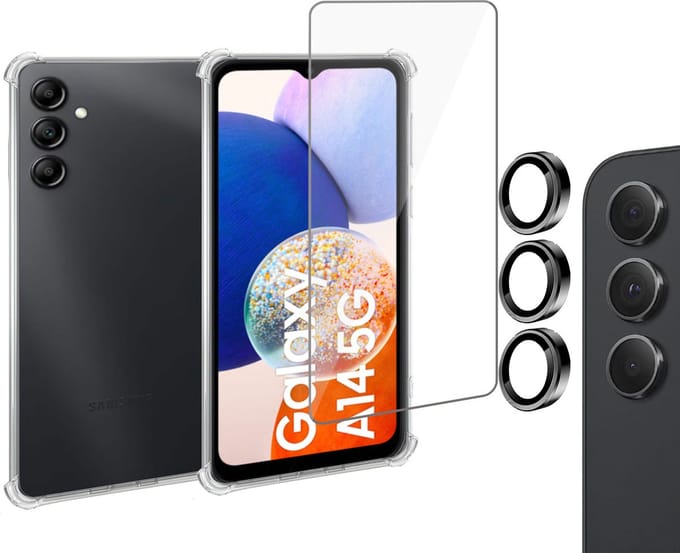 Geschikt voor Samsung A14 Hoesje + Screenprotector + Camera Beschermglas – Gehard Glas Screen Cover Protector