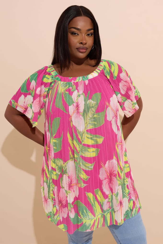Yours Roze Gebloemde Geplooide Top Van Mesh Size 58-60