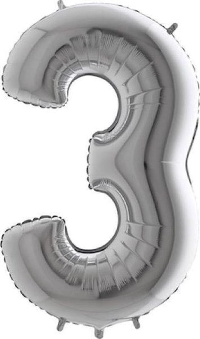 Folieballon - Cijfer 3  - zilver - Grabo Balloons -66cm