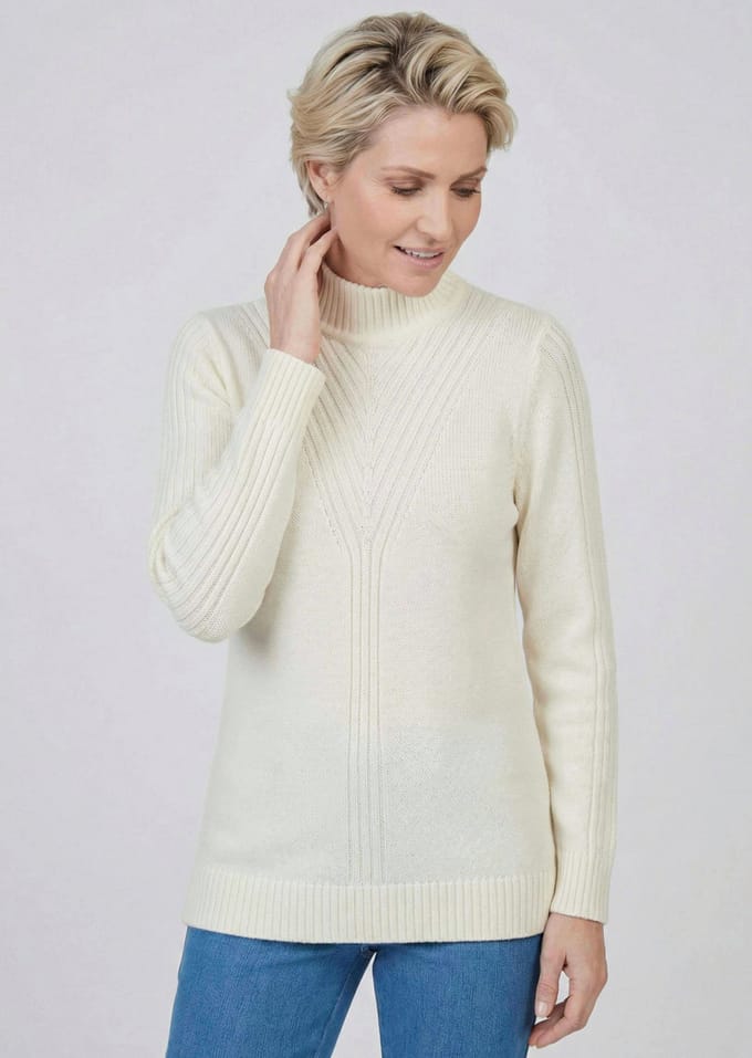 Tricot pullover met opstaande kraag en geribd patroon - gebroken wit - Gr. 40 van Goldner Fashion