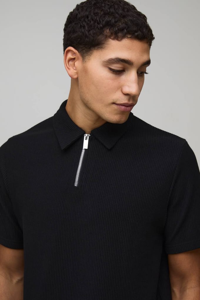 Slim Fit Geribbelde Jersey Polo & Shorts Set | Black | Size Large