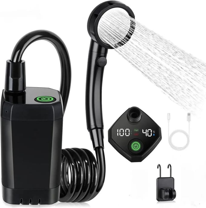 DailyDamaar douchekop - Buitendouche - Draagbare douche - Campingdouche - Elektrisch - Digitaal display - ABS - Rubber - Zwart