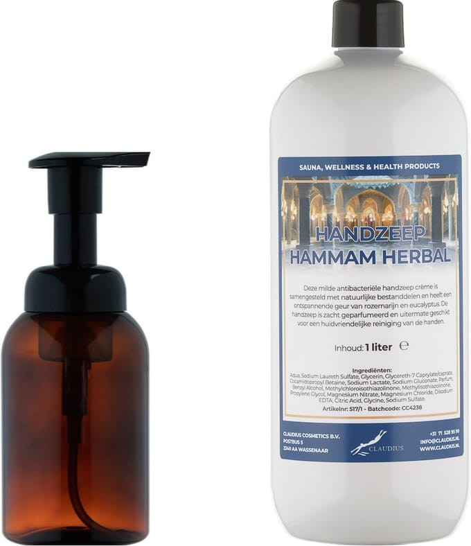 Zeepdispenser 300 ml amber bruin hervulbaar + 1 liter Handzeep Hammam Herbal navulling