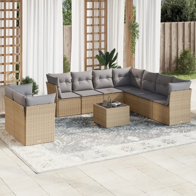 vidaXL - 10-delige - Loungeset - met - kussens - poly - rattan - beige