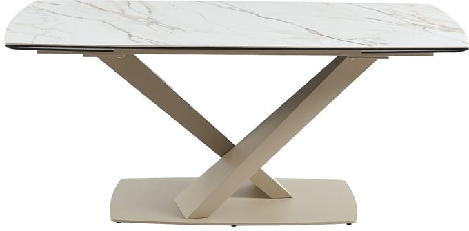 Vente-unique Verlengbare eettafel 6 tot 10 personen van keramiek en metaal - Wit en beige marmereffect - MALATA