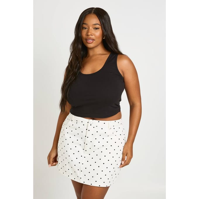 boohoo Dames Plus Polkadot Denim Minirok | Zwart Wit | Maat: 54