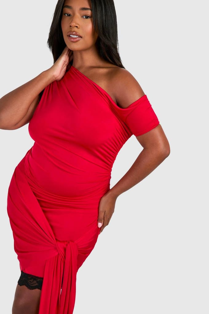 boohoo Dames Plus kantenaccent off-shoulder tie mini-jurk | Red | Maat: 28