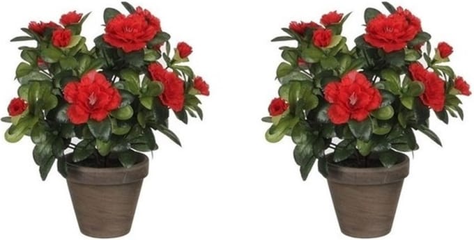 Mica Decorations Kunstplant - 2x - Azalea - groen/rood - 27 cm - Met mooie bloemen
