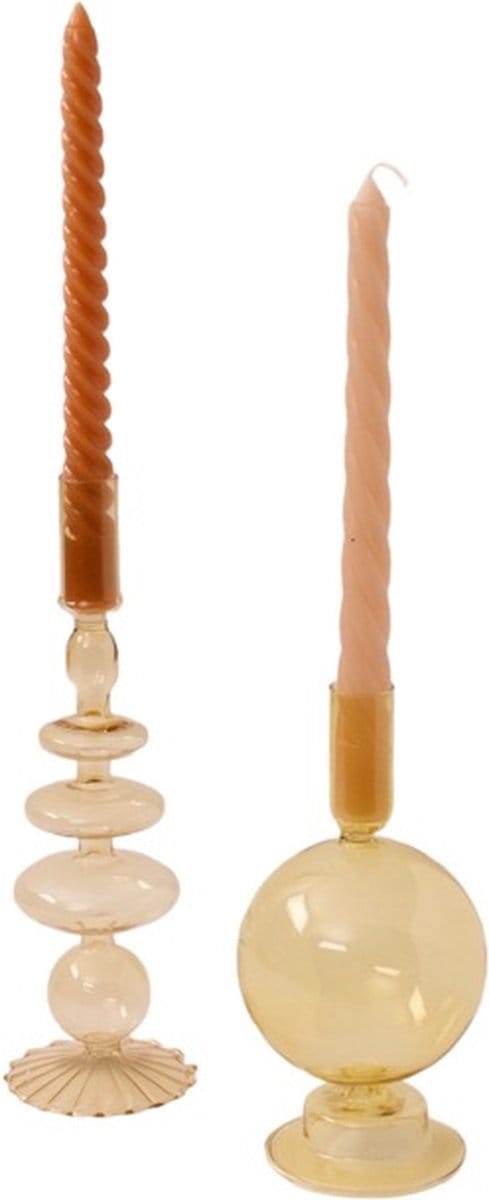 WINQ - Set van 2 stuks oker kleurige Glaskandelaren - geschikt voor dinerkaars- Interieur Set .