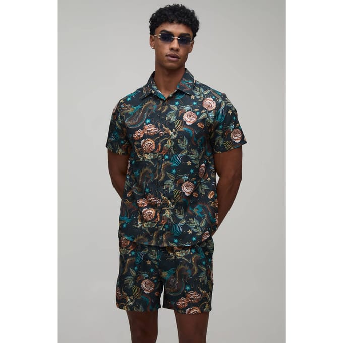Drakenprint Regular Fit Overhemd & Short Set | Black | Size Medium