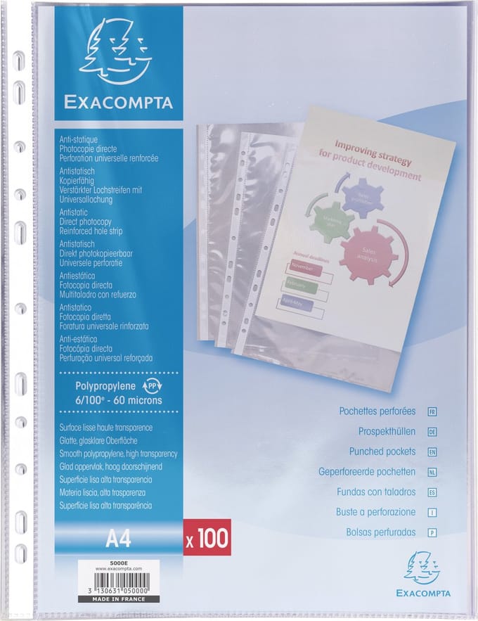 Exacompta Doos van 100 geperforeerde showtassen - gladde PP 6/100ste - A4 - Transparant - 5000E