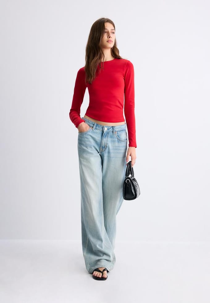 Stradivarius Basic T-shirt met lange mouw  Rood L