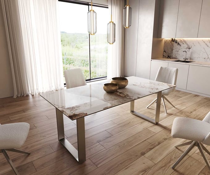 Eetkamertafel Edge keramiek Minas Melange wit-beige 200x100 RVS Schmal