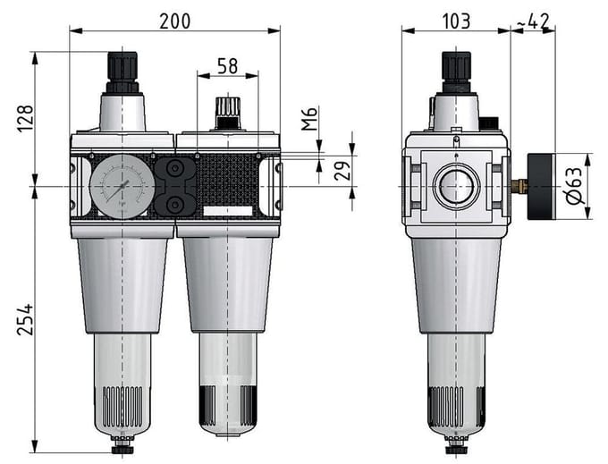 FRL G1'' 13500l/min 0,5-10,0bar/7-145psi Cilinderlock Multifix 5