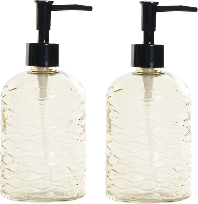 Items Zeeppompje - 2x - glas - geel - navulbaar - 450 ml - toilet/badkamer/keuken