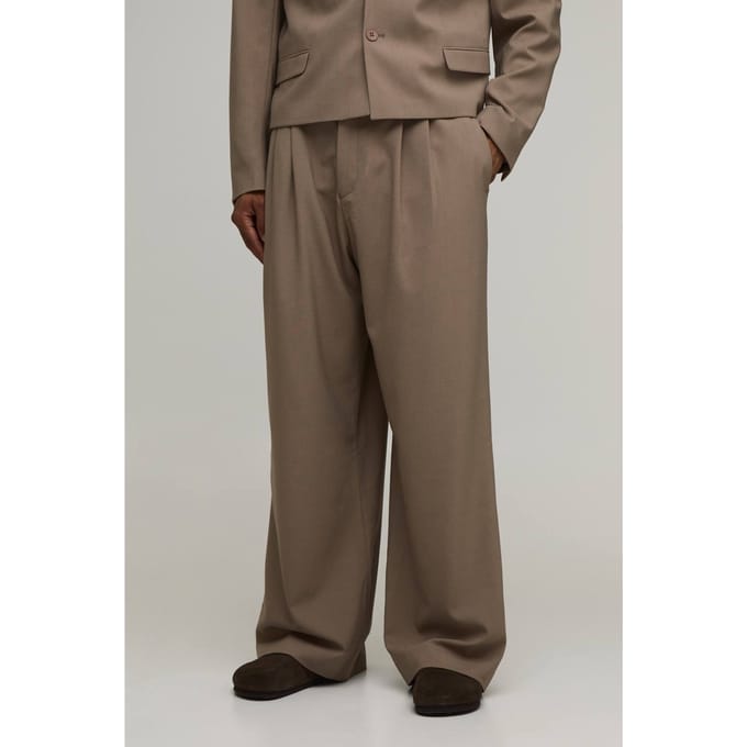 Pantalon De Costume Large À Plis Sur Le Devant Coupe Ajustée | Taupe | Size 30