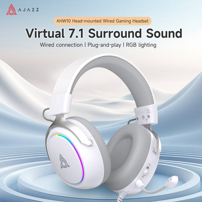 AJAZZ AHW10 USB Bedrade Gaming Headset, Virtueel 7.1 Surround Sound, 53mm Driver, Hardware AI Noise Cancelling Microfoon, RGB Ring Light, Plug & Play, Aangepaste EQ Software voor PC Games