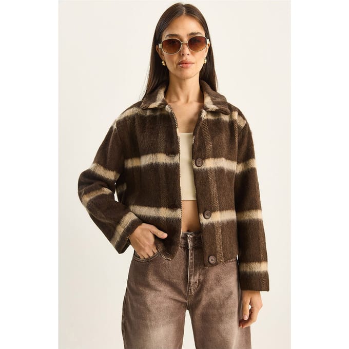 Gestreepte Textured Knopsluiting Cropped Jas