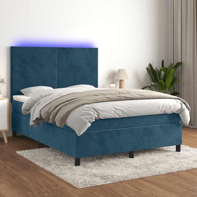 vidaXL - Boxspring - met - matras - en - LED - fluweel - donkerblauw - 140x200 - cm