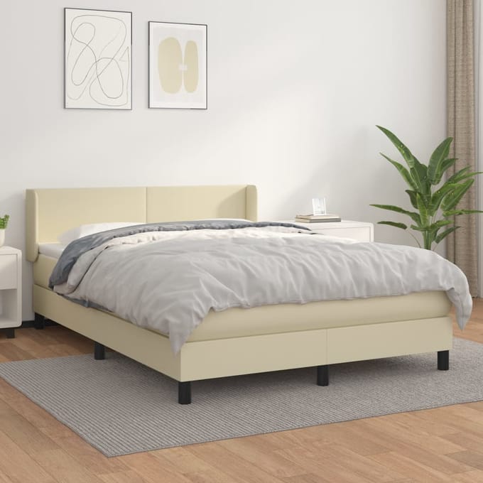 vidaXL - Boxspring - met - matras - kunstleer - crèmekleurig - 140x190 - cm