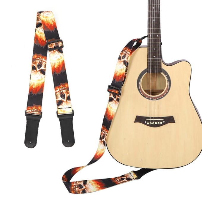 Sangle d'épaule en cuir Pièces de guitare Imprimé type motif flamme-crâne Réglable black
