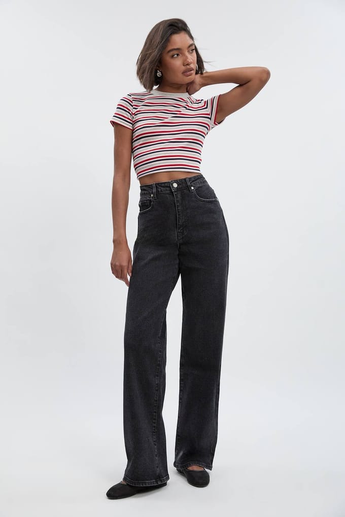 boohoo Dames De Lange Hoge Taille Losse Rechte Jeans | Washed Black | Maat: 8/34L