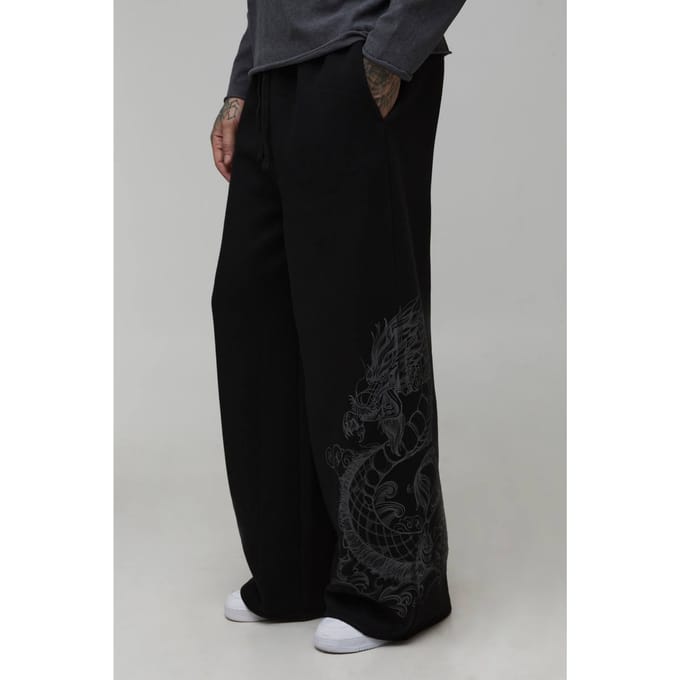 Tall Extreme Wide Leg Dragon Graphic Joggers | Black | Size 2XL