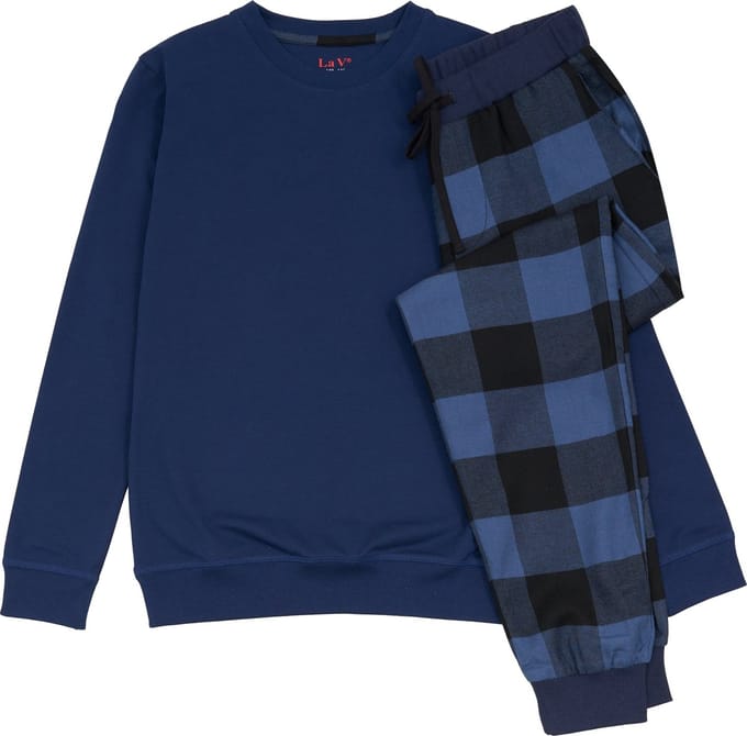 La V pyjamaset voor heren met flanel joggingbroek Jeans blauw M
