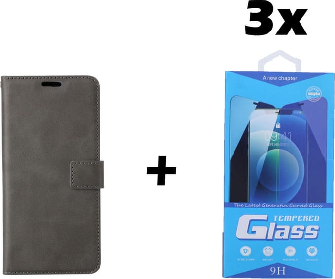 iPhone 13 Pro Max Telefoonhoesje - Bookcase - Ruimte voor 3 pasjes - Kunstleer - met 3x Tempered Screenprotector - SAFRANT1 - Grijs
