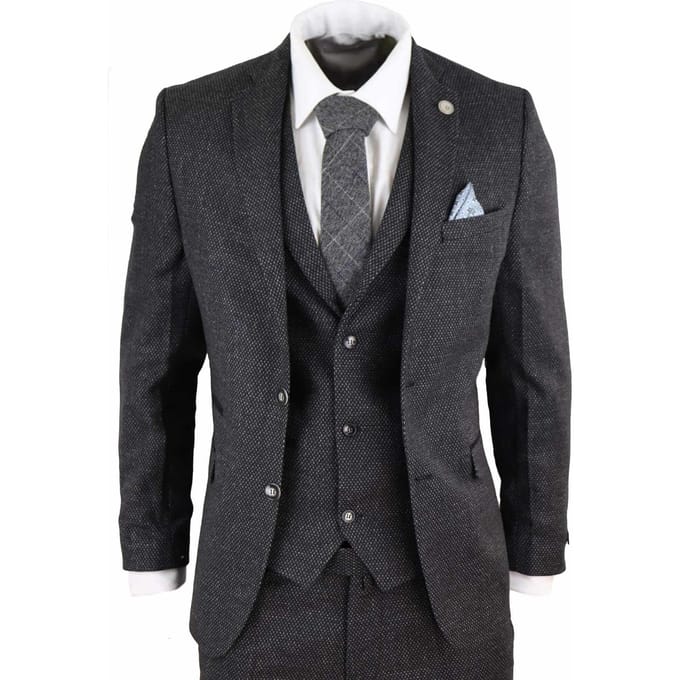 Heren 3-delige Zwarte Visgraat Tweed Kostuum