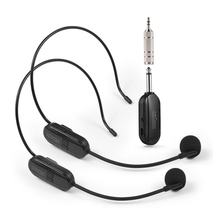 Casque micro sans fil 2,4 G, portée de 164 pieds, micro casque et micro portable 2 en 1, voix professionnelle noir