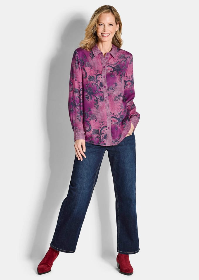 Overhemdblouse van viscose-satijn - bessen / gedess. - Gr. 54 van Goldner Fashion