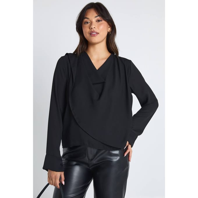 boohoo Dames Chiffon blouse met draaikraag en schoudervulling | Black | Maat: 10